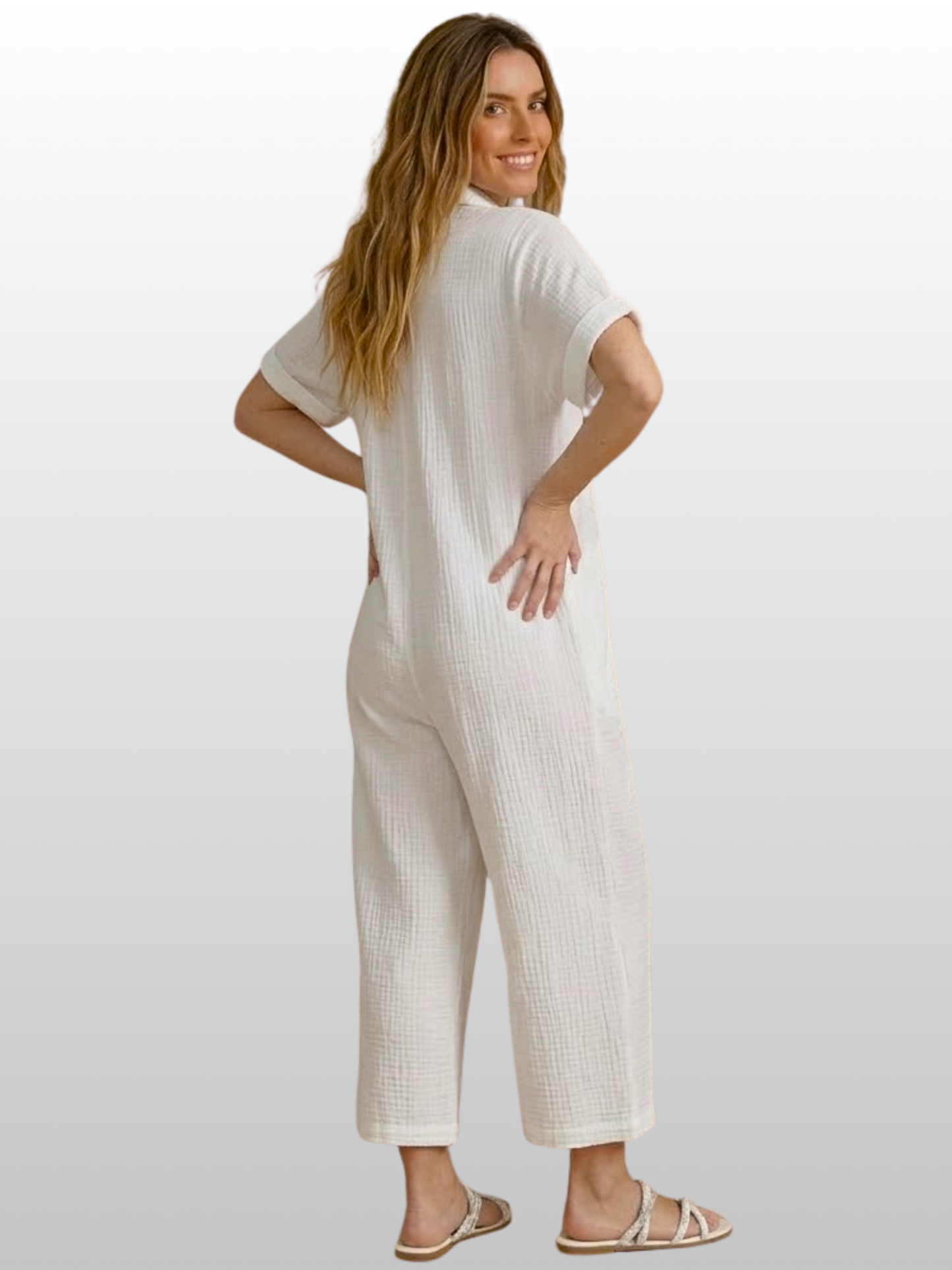 Maternity Jumpsuit, Short Sleeve, Button Placket, Gauze Fabric, Breathable