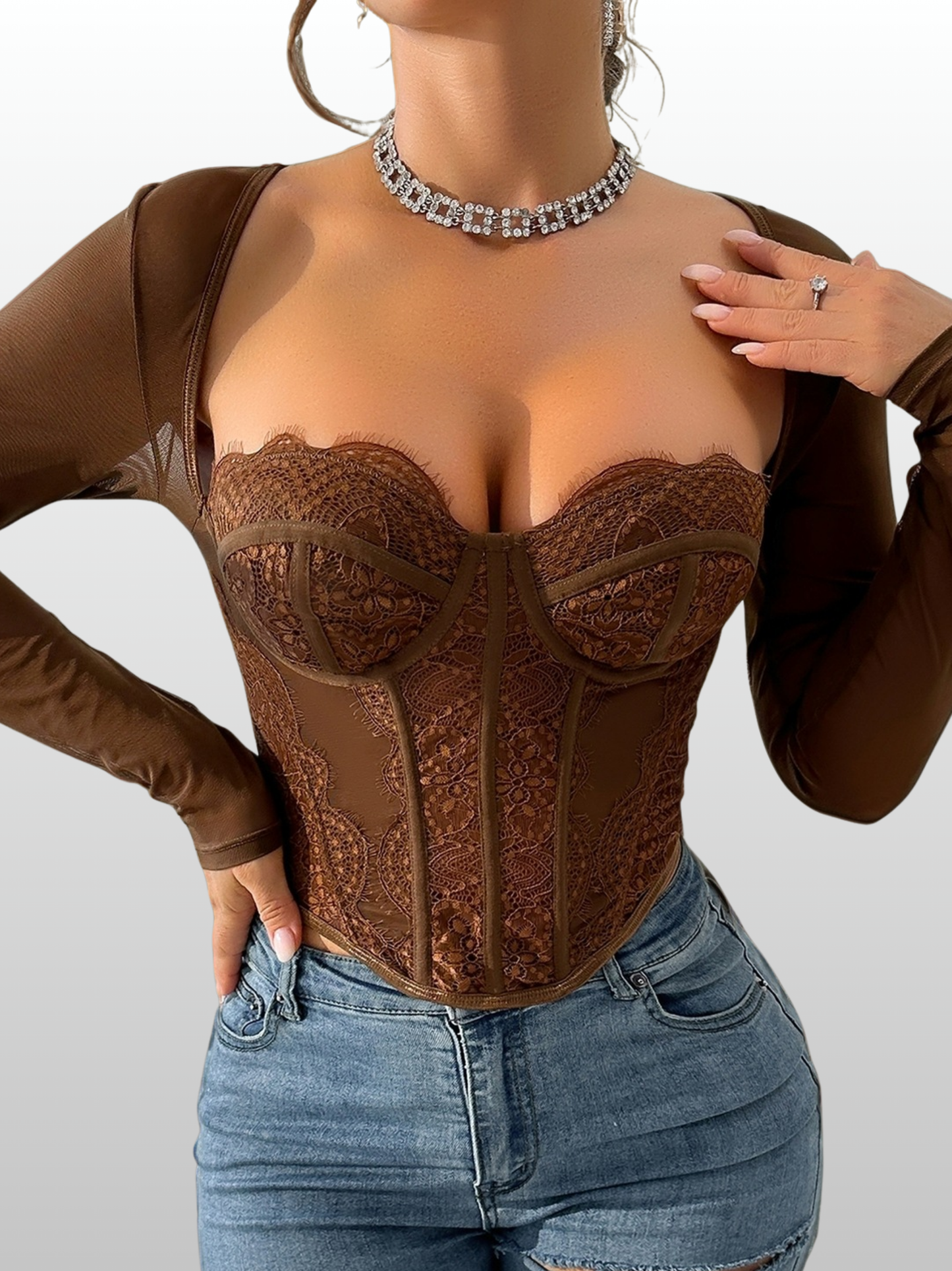 Corset Top, Long Sleeve, Sheer Mesh Sleeves, Floral Lace