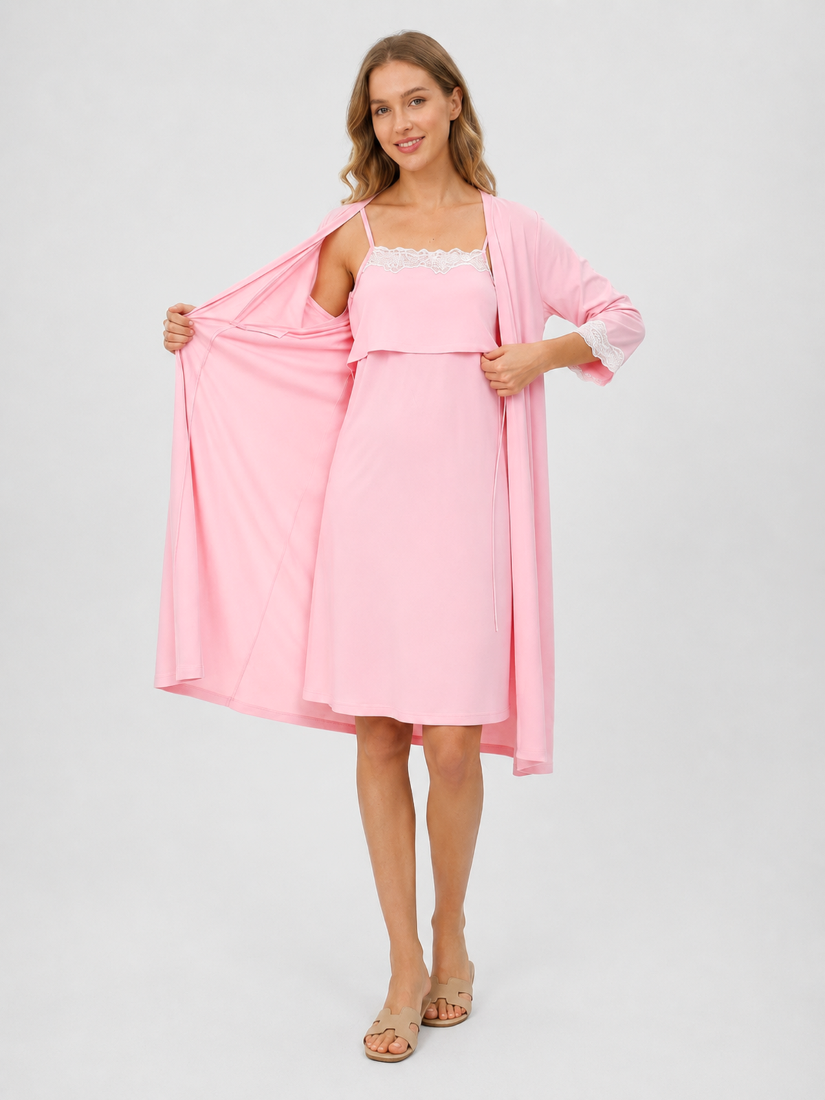 Maternity Robe and Nursing Nightgown Set in Modal with Lace