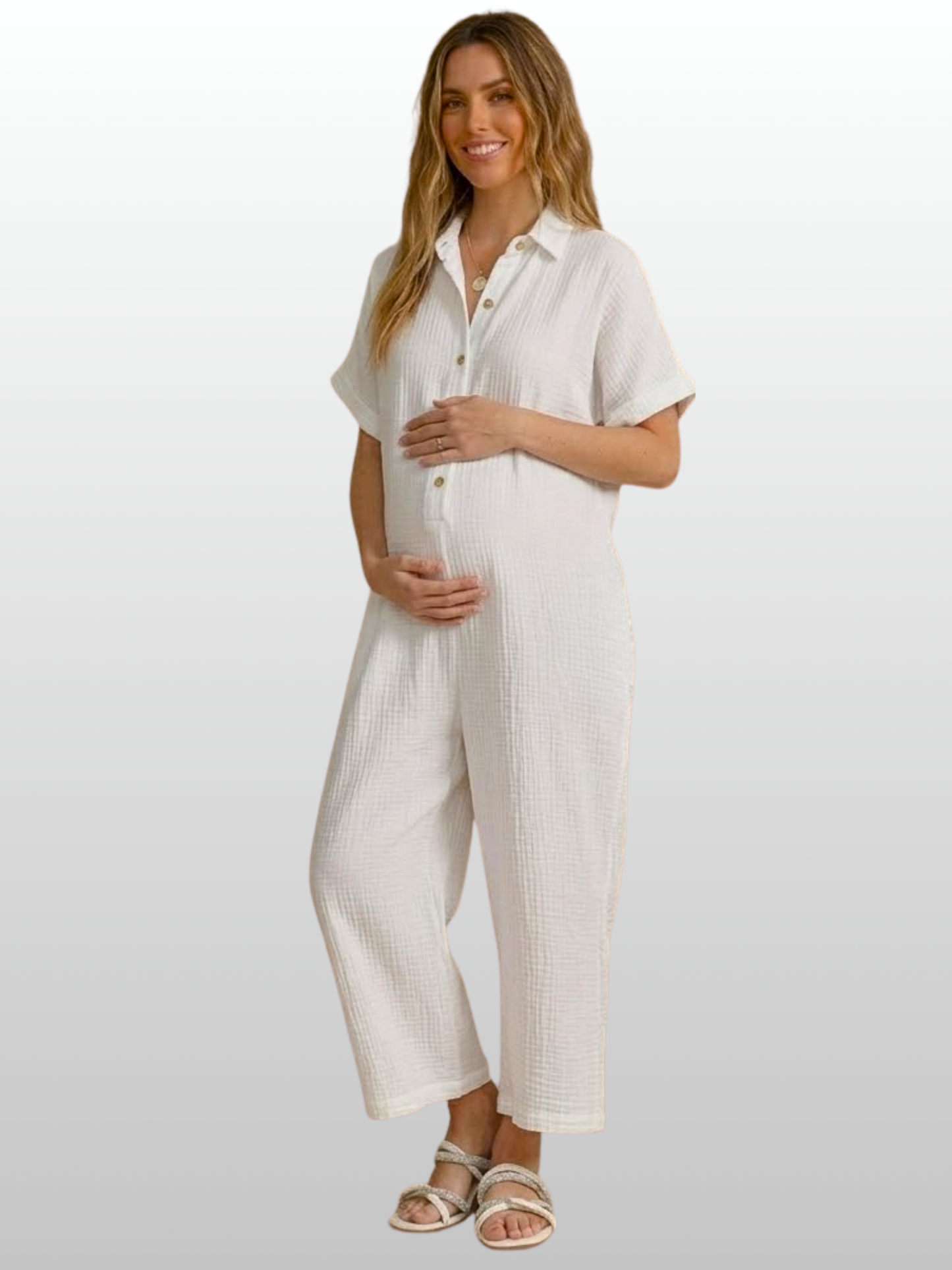 Maternity Jumpsuit, Short Sleeve, Button Placket, Gauze Fabric, Breathable