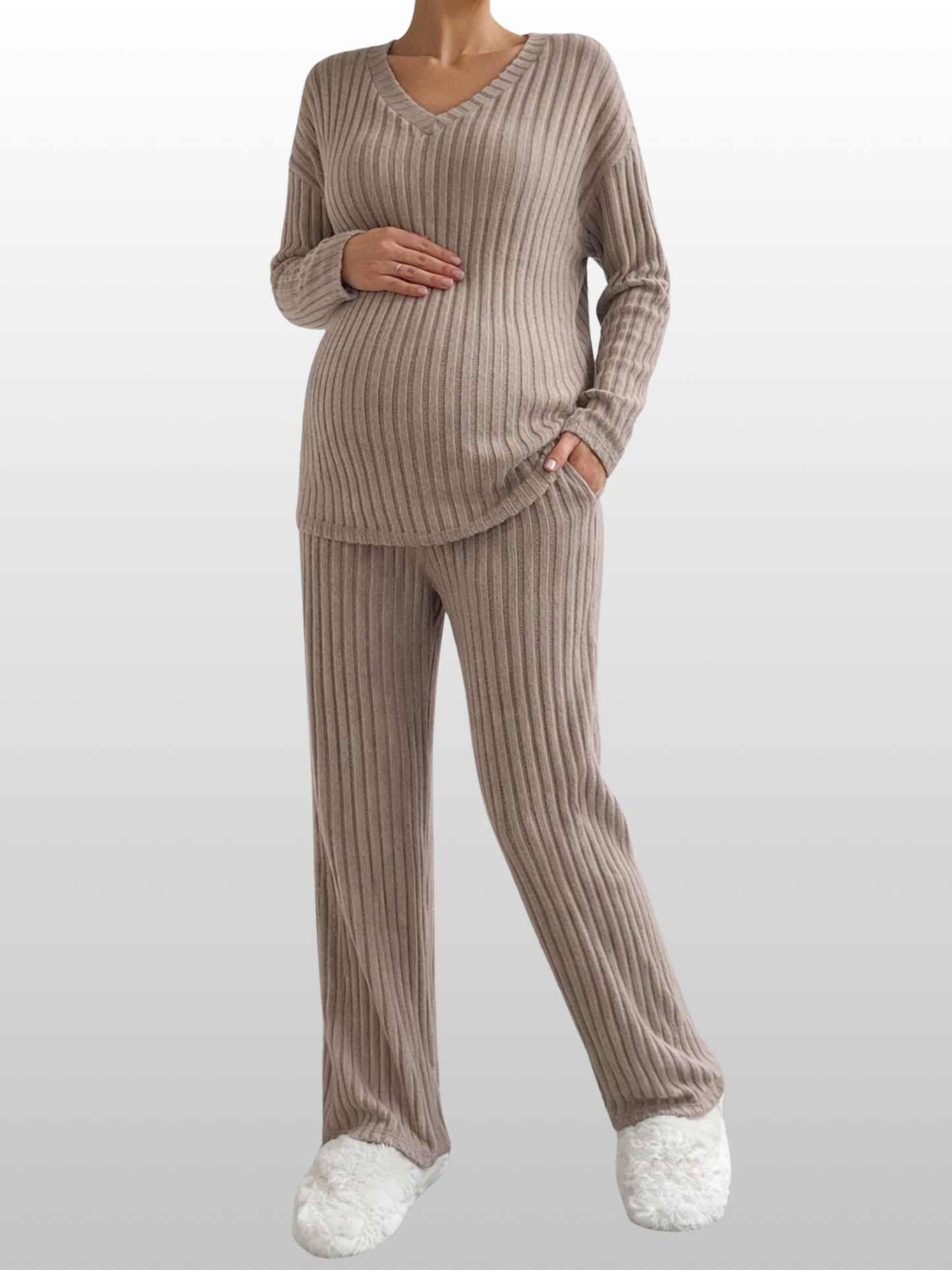 Maternity Ribbed Co-Ord Set, Pregnancy Nursing, V-Neck Long Sleeve Top, Wide-Leg Pants, Loungewear Two-Piece, All Seasons