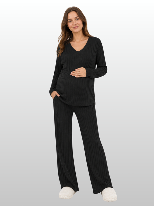 Maternity Ribbed Co-Ord Set, Pregnancy Nursing, V-Neck Long Sleeve Top, Wide-Leg Pants, Loungewear Two-Piece, All Seasons