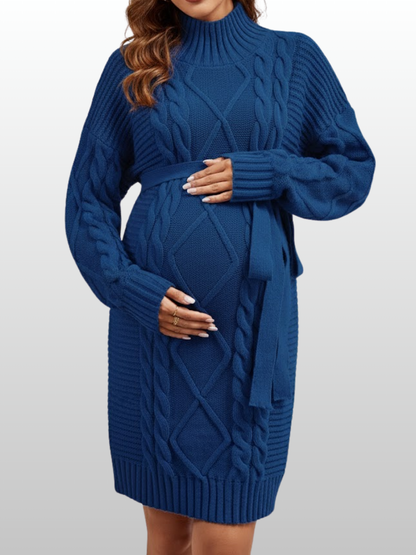 Umstandskleid Gestrickt Winter, Zopfmuster Strickkleid Schwangerschaft, Bindegürtel Rollkragen, Langarm Umstandsmode