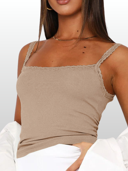 Ripp-Cami, Spitzenträger, Eckiger Ausschnitt, Longline, Baumwolle-Stretch, Umstands- & Stillfreundlich