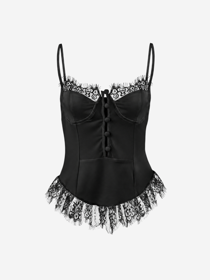 Lace Cami Top in Corset Style with Covered Buttons and Adjustable Straps