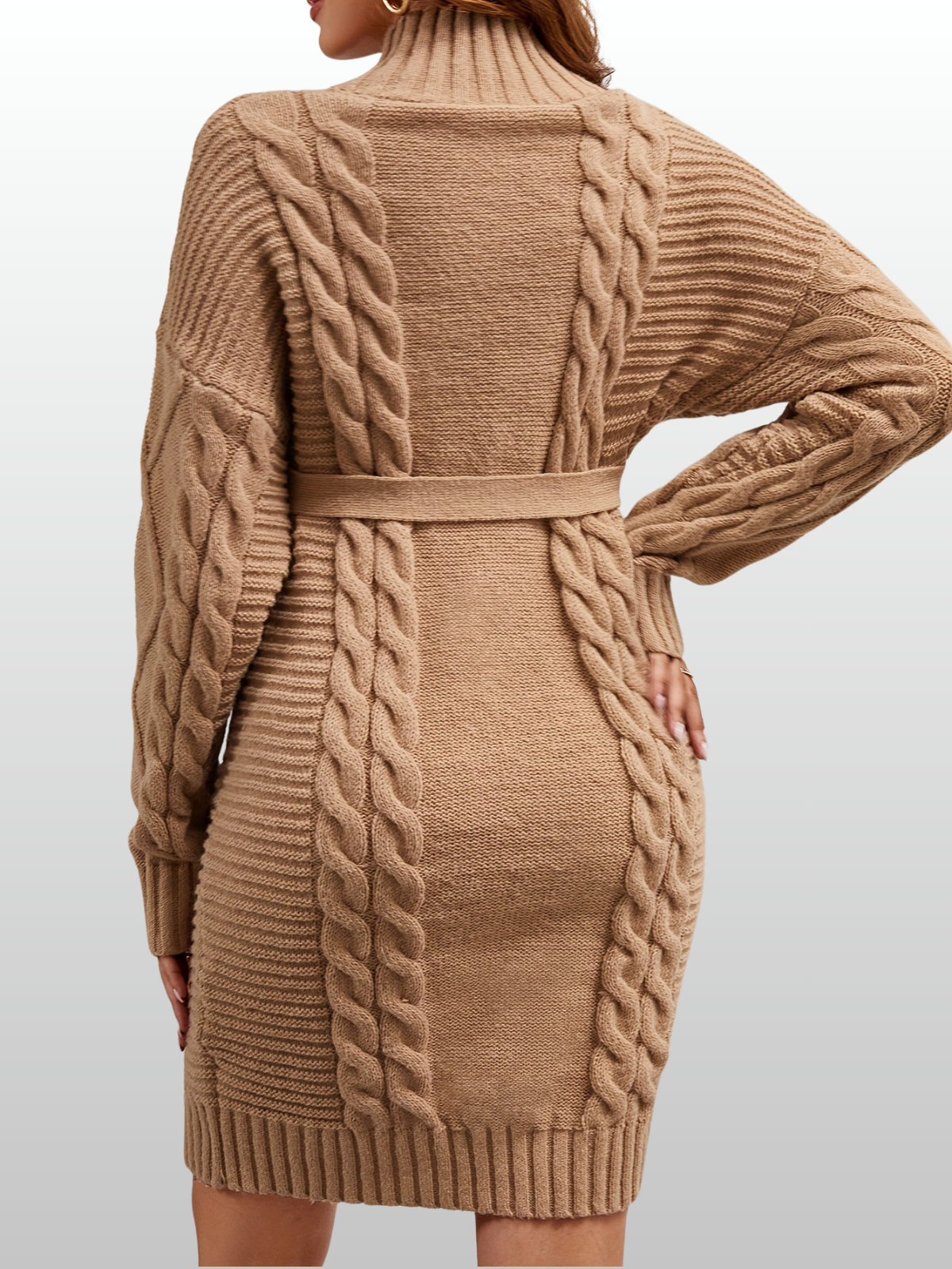 Umstandskleid Gestrickt Winter, Zopfmuster Strickkleid Schwangerschaft, Bindegürtel Rollkragen, Langarm Umstandsmode