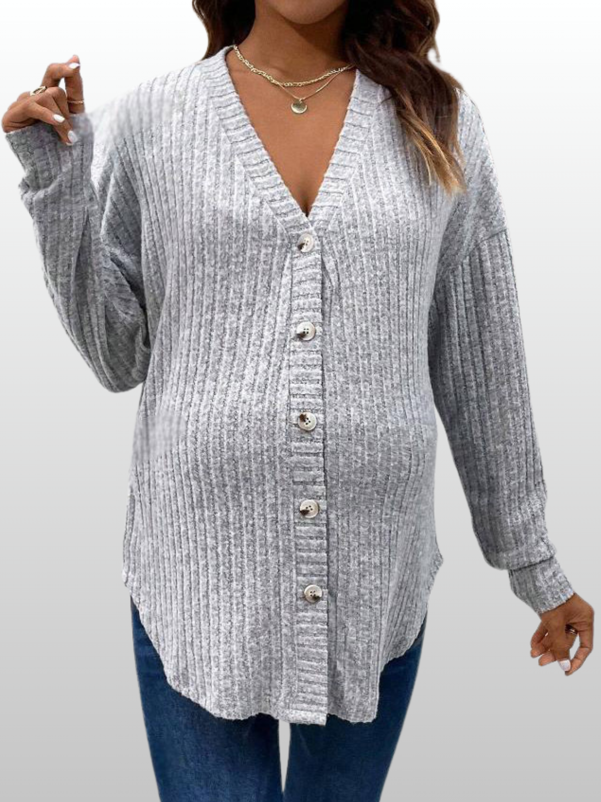 Umstandsmode, Umstands Cardigan, Gerippter Strick, Stillfreundlich, Knopfleiste, V-Ausschnitt, Schwangerschaft Strickjacke Langarm, Oversized Fit