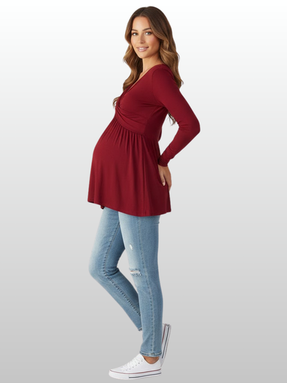 Maternity Tunic, V-Neck, Long Sleeve, Nursing-Friendly, Lightweight, All Trimesters, Flowing Cut, Casual