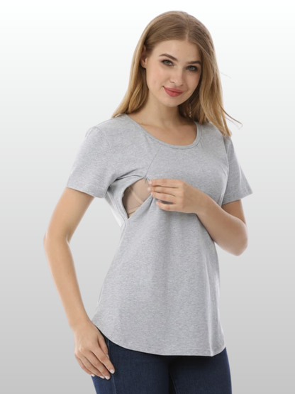 Umstands-Stilltop, Verdeckter Reißverschluss, Diskreter Stillzugang, Baumwolle, Schwangerschaft Stillzeit, Einhändig