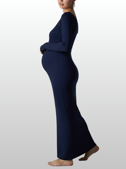 Umstandskleid, Maxikleid Langarm, Carré-Ausschnitt, Figurbetontes Strickkleid