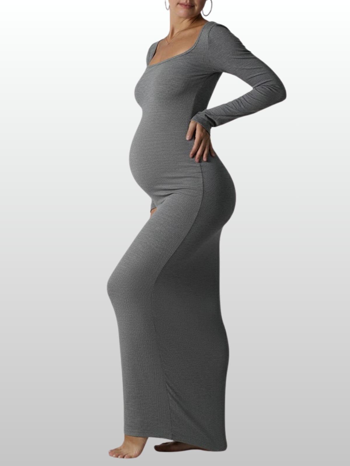 Umstandskleid, Maxikleid Langarm, Carré-Ausschnitt, Figurbetontes Strickkleid