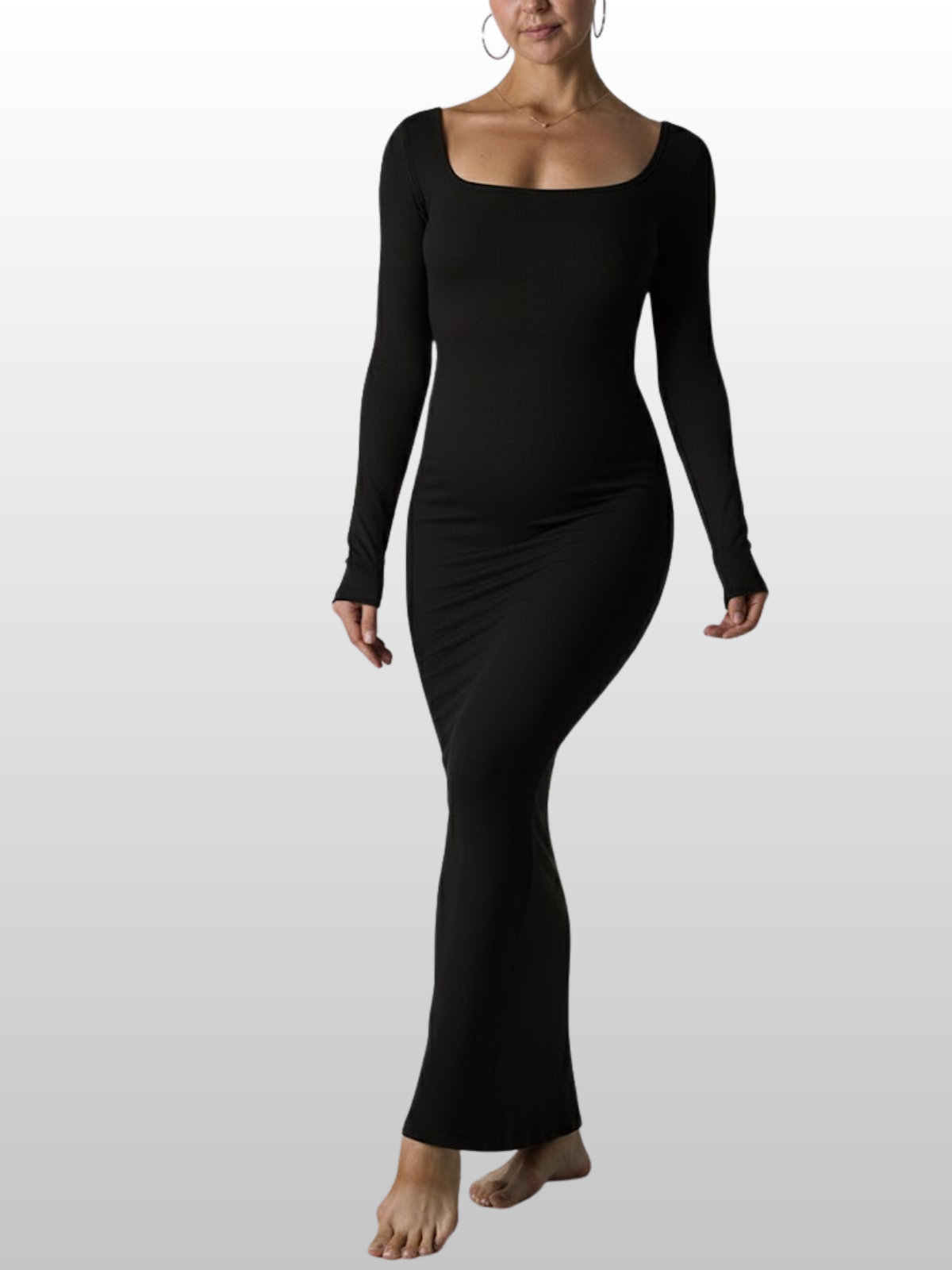 Umstandskleid, Maxikleid Langarm, Carré-Ausschnitt, Figurbetontes Strickkleid