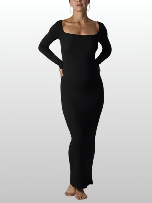 Ribbed Long Sleeve Maternity Maxi Dress, Square Neckline