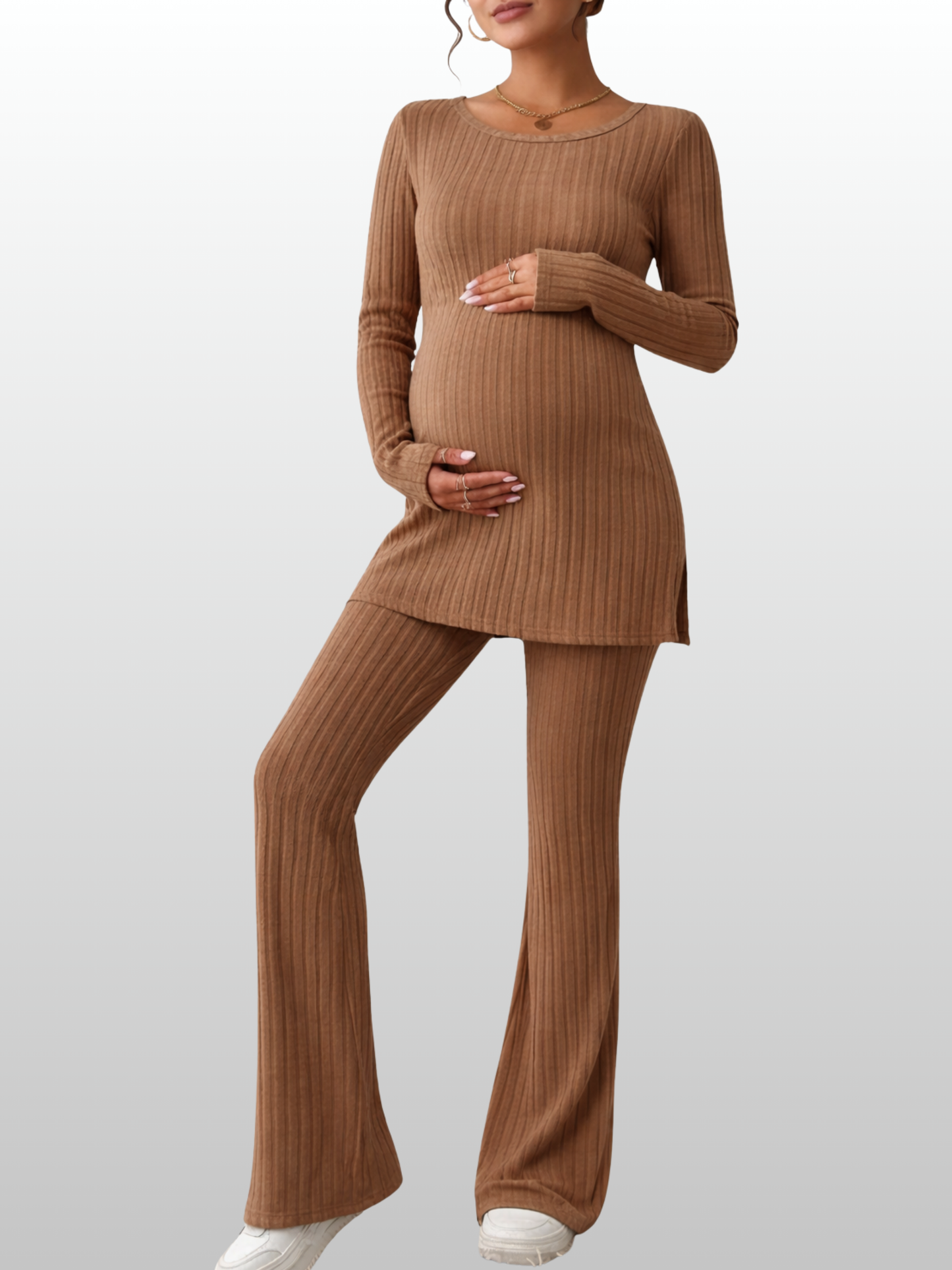 Maternity Outfit, Pregnancy Set, Two-Piece Ribbed Knit, Tunic & Flare Pants, Long Sleeve Crewneck