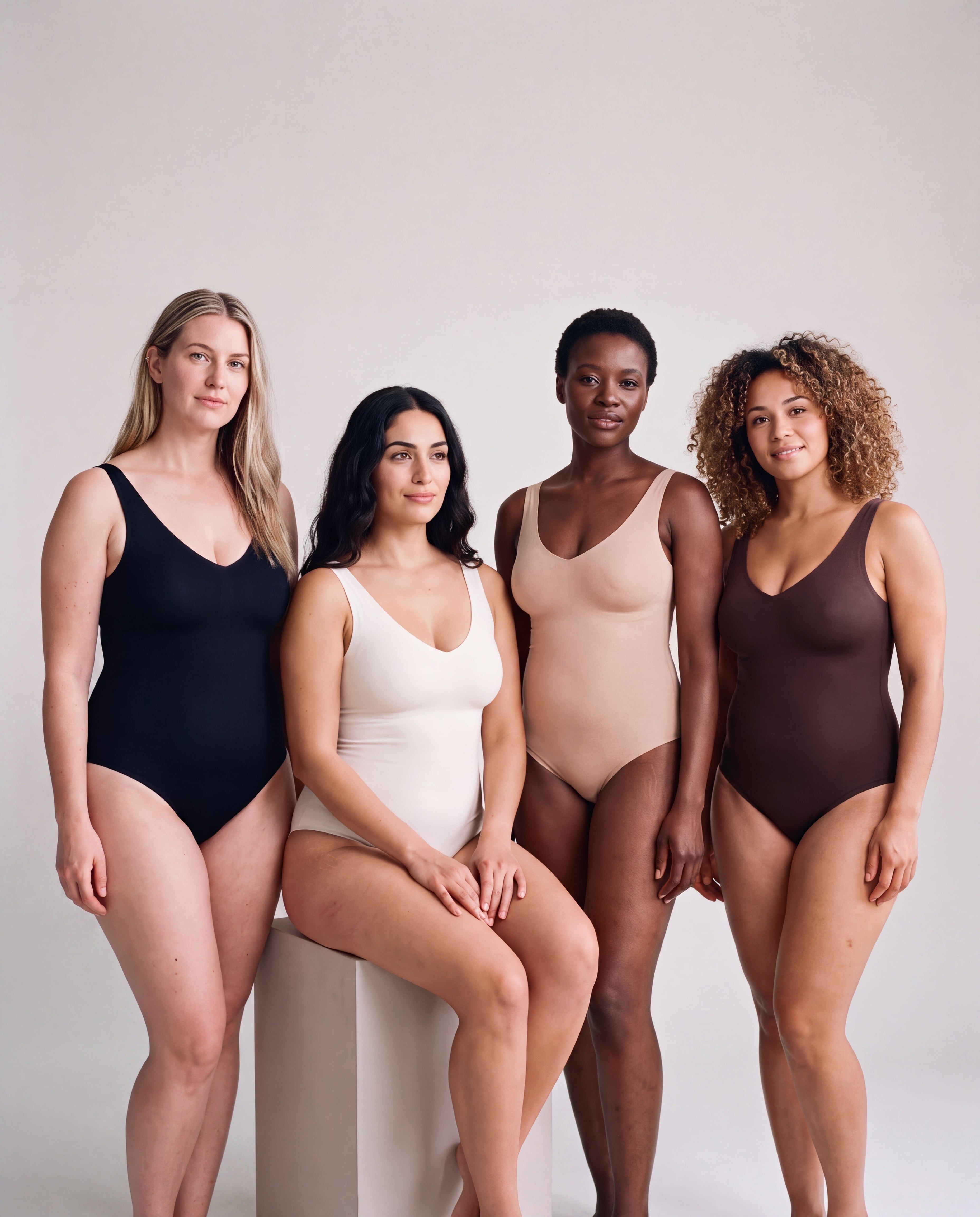 Vier Frauen im nahtlosen Shaping-Body von mumshape in vier Farbtönen