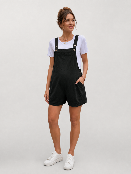 Maternity Overall Shorts, Adjustable Straps, Loose Fit, Side Buttons