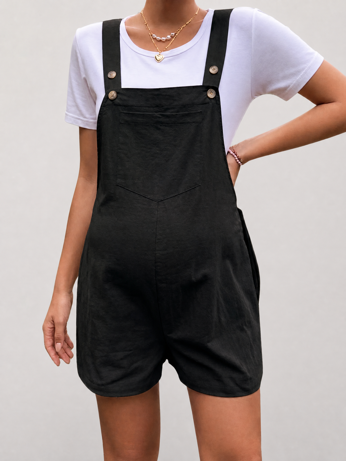 Maternity Overall Shorts, Adjustable Straps, Loose Fit, Side Buttons