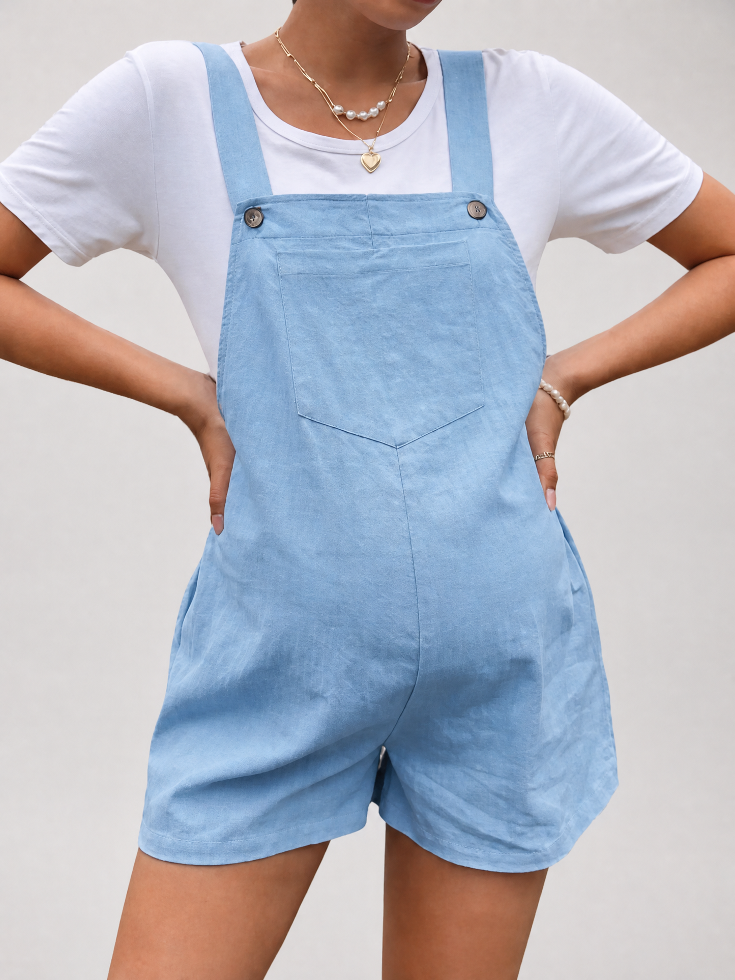 Maternity Overall Shorts, Adjustable Straps, Loose Fit, Side Buttons