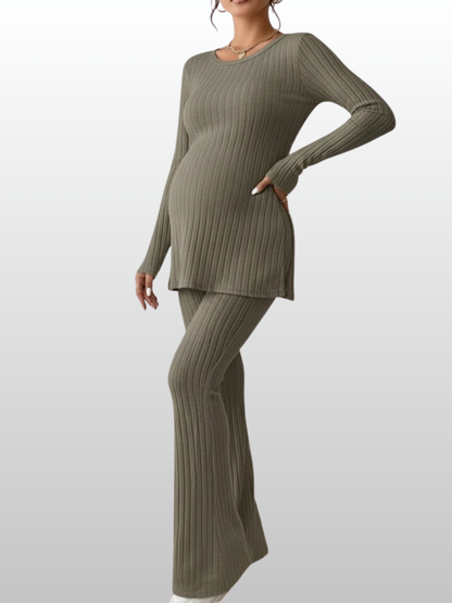 Umstandsmode, Outfit Schwangerschaft, Zweiteiler Gerippter Rippstrick, Tunika mit Schlaghose, Langarm, Rundhals, Babybauchfreundlich