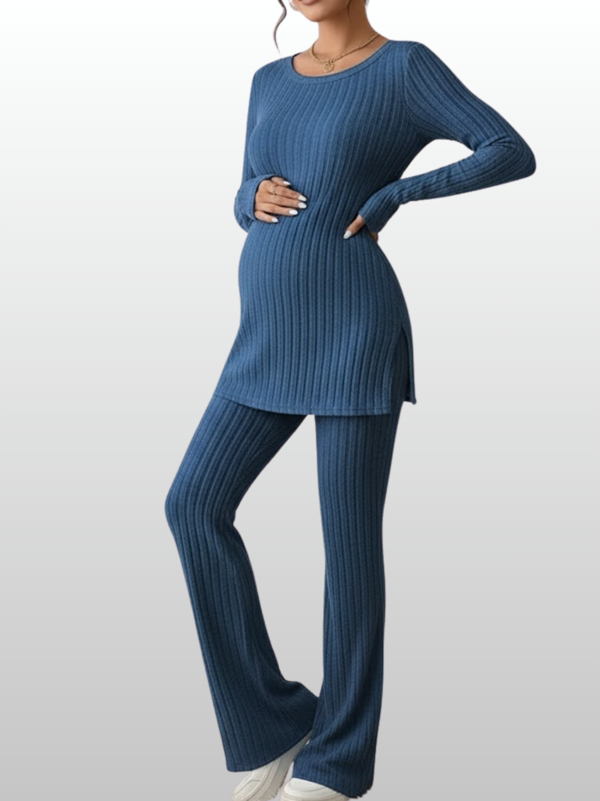 Umstandsmode, Outfit Schwangerschaft, Zweiteiler Gerippter Rippstrick, Tunika mit Schlaghose, Langarm, Rundhals, Babybauchfreundlich