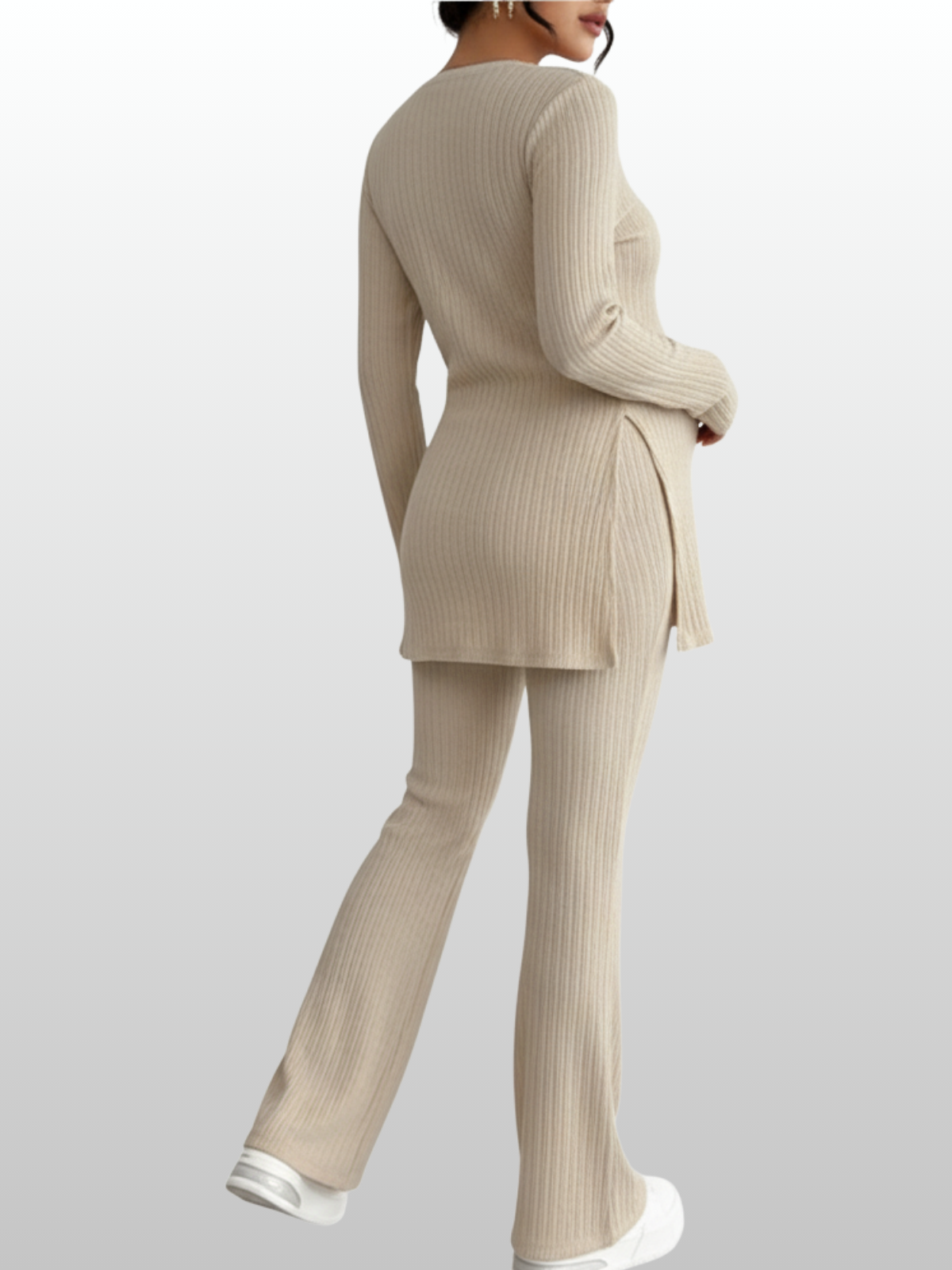 Umstandsmode, Outfit Schwangerschaft, Zweiteiler Gerippter Rippstrick, Tunika mit Schlaghose, Langarm, Rundhals, Babybauchfreundlich