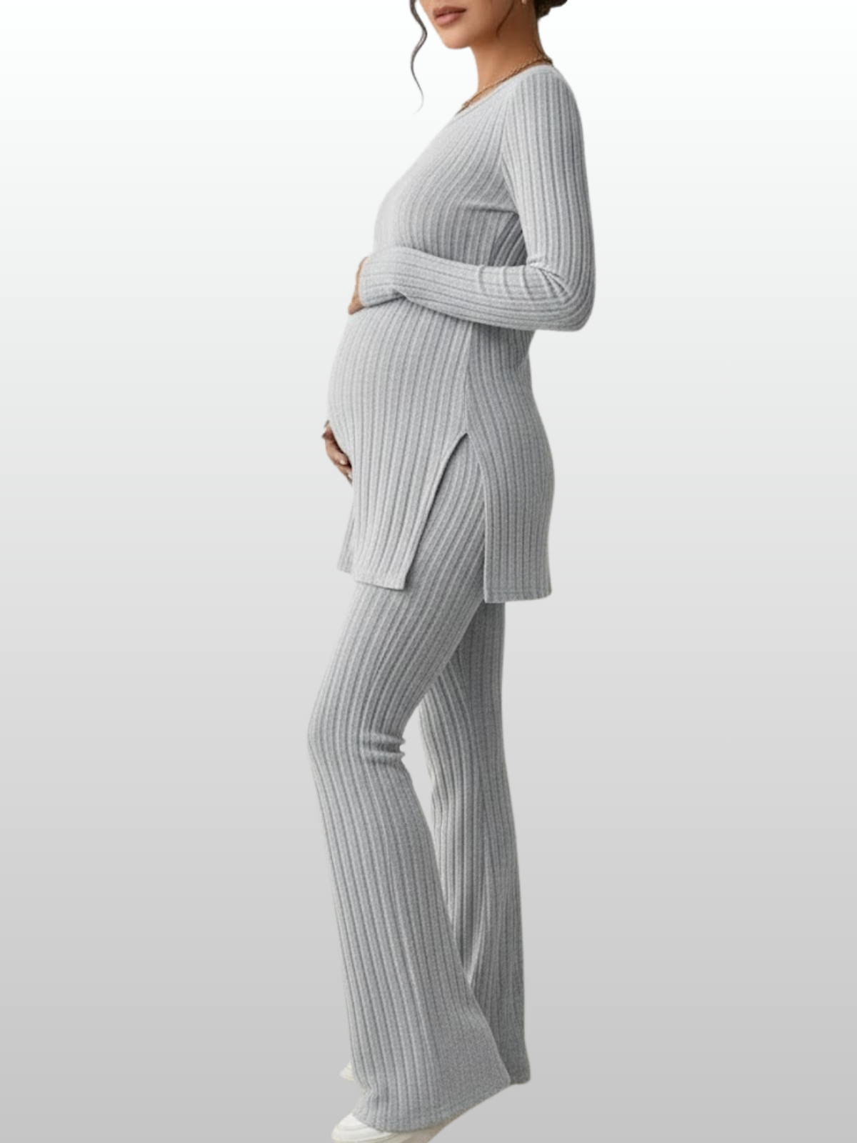 Umstandsmode, Outfit Schwangerschaft, Zweiteiler Gerippter Rippstrick, Tunika mit Schlaghose, Langarm, Rundhals, Babybauchfreundlich