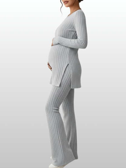 Umstandsmode, Outfit Schwangerschaft, Zweiteiler Gerippter Rippstrick, Tunika mit Schlaghose, Langarm, Rundhals, Babybauchfreundlich