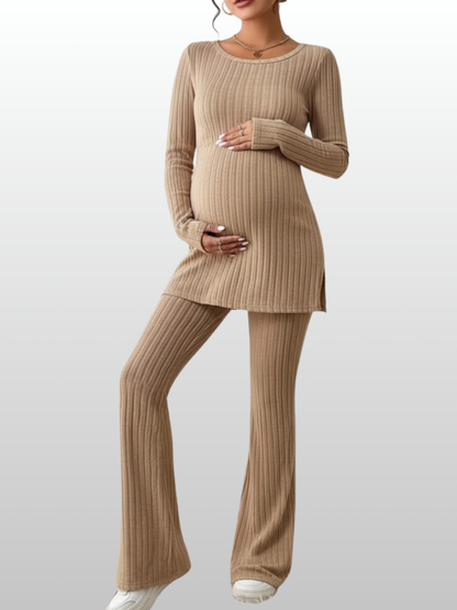 Umstandsmode, Outfit Schwangerschaft, Zweiteiler Gerippter Rippstrick, Tunika mit Schlaghose, Langarm, Rundhals, Babybauchfreundlich