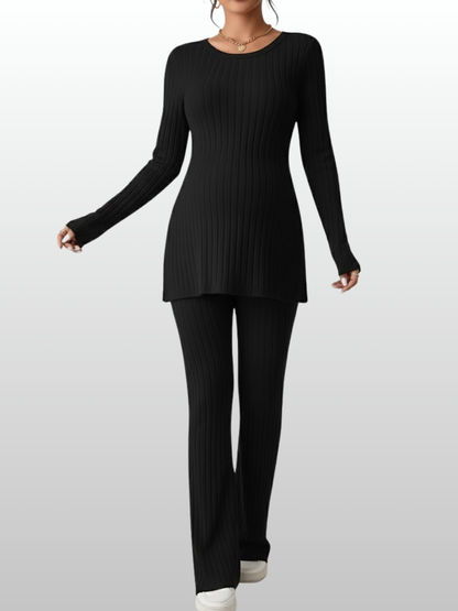 Umstandsmode, Outfit Schwangerschaft, Zweiteiler Gerippter Rippstrick, Tunika mit Schlaghose, Langarm, Rundhals, Babybauchfreundlich