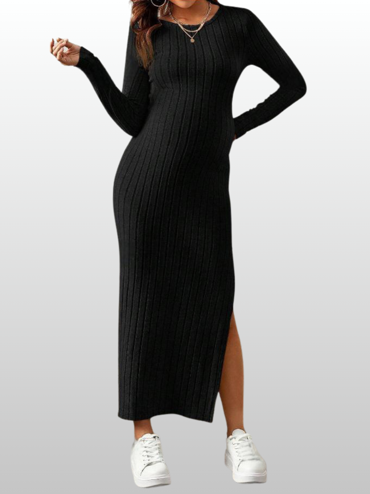 Umstandsmode, Umstandskleid Winter Strickkleid, Schwangerschaftskleid, Langarm, Rundhals, Figurbetont