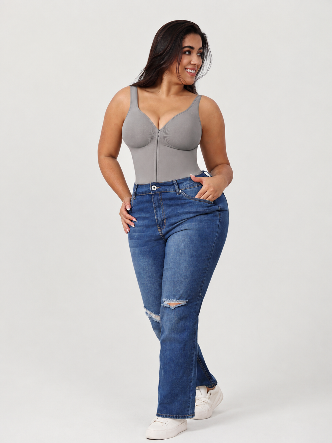 Shapewear Bodysuit with Front Zipper and Sweetheart Neckline