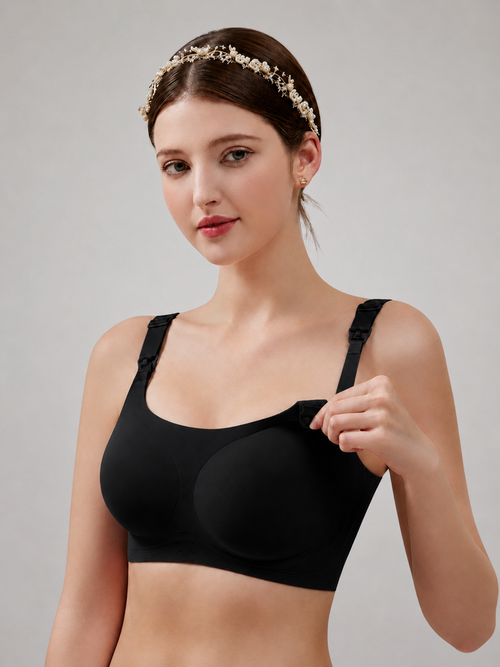 Nursing Bra with One-Hand Clips and Lace on Non-Slip Straps