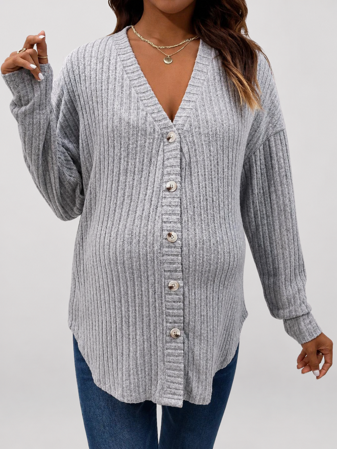 Cardigan Maternity in Rib Knit with V-Neck and Buttons