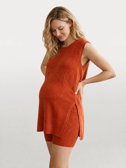 Maternity Lounge Set, Sleeveless, Longline Top, Ribbed Bike Shorts
