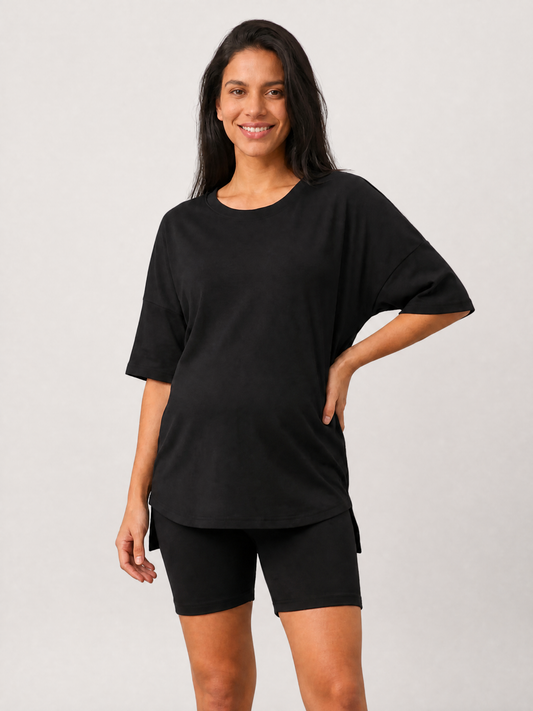 Maternity Lounge Set, Oversized Top & Bike Shorts, High-Low Hem