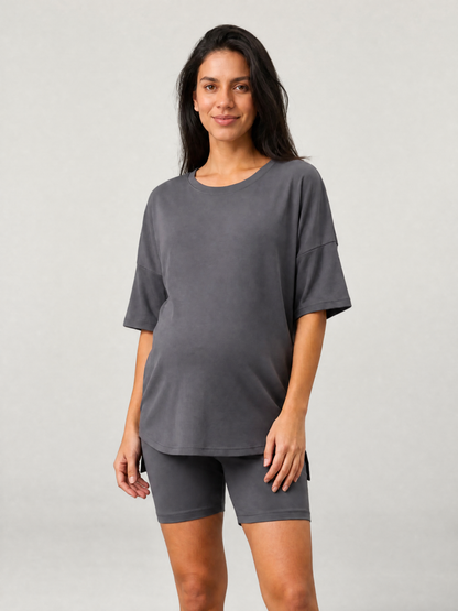 Maternity Lounge Set, Oversized Top & Bike Shorts, High-Low Hem