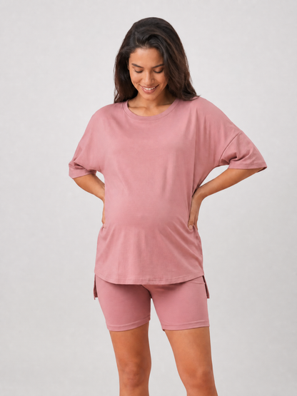 Maternity Lounge Set, Oversized Top & Bike Shorts, High-Low Hem