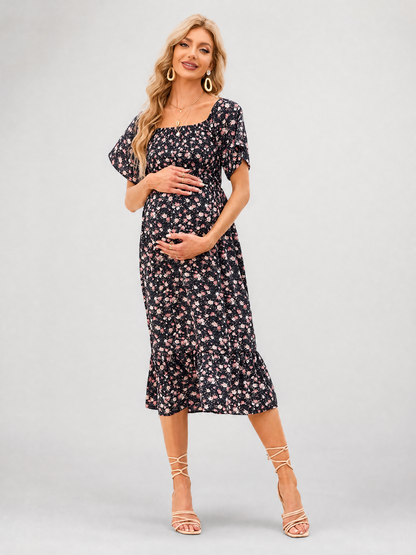 Maternity Sundress Midi Floral with Smocked Bodice