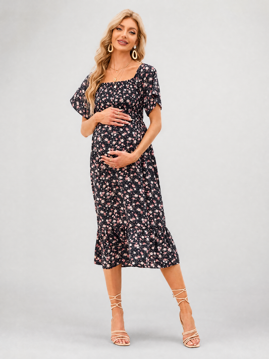 Maternity Sundress Midi Floral with Smocked Bodice