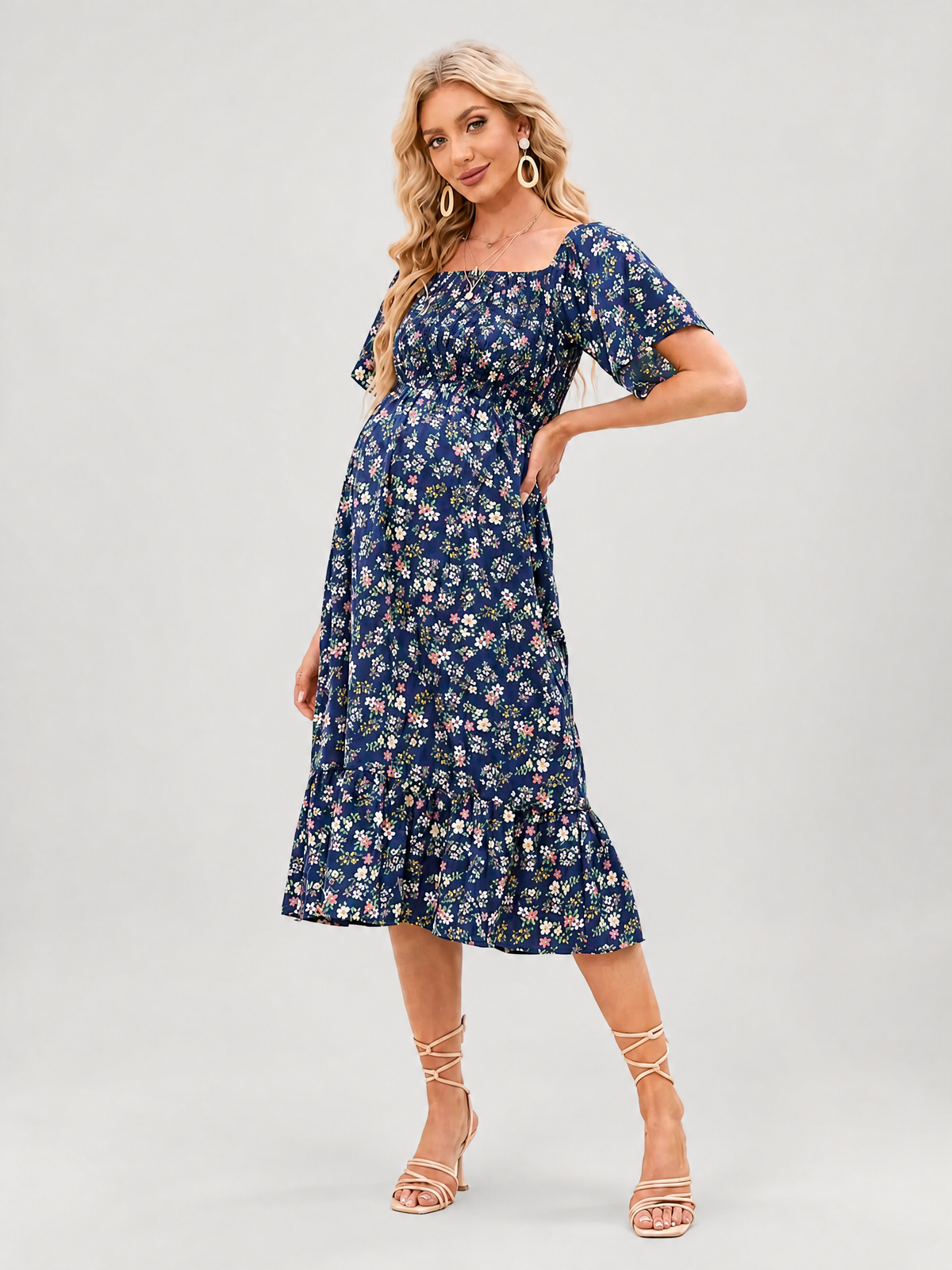 Maternity Sundress Midi Floral with Smocked Bodice